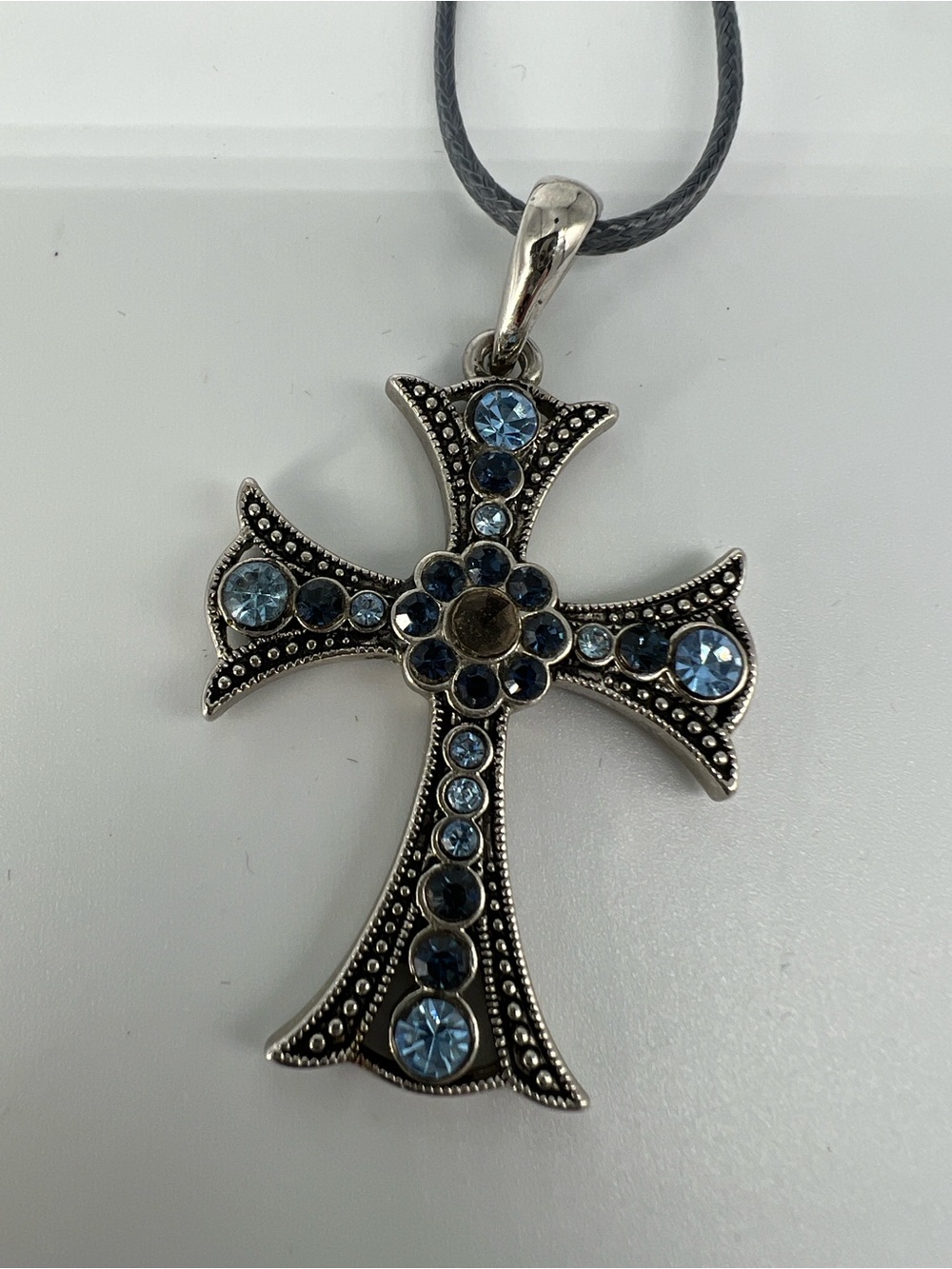 Silver Cross Pendant Women’s Necklace with Blue Accents